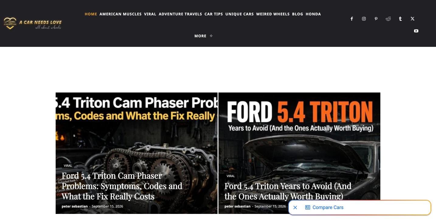 A Car Needs Love blog homepage with featured car articles