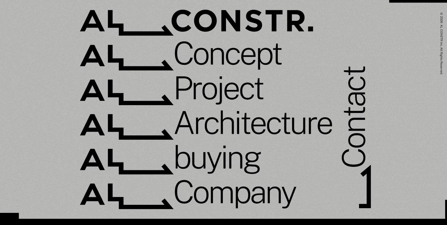 AL CONSTR homepage with bold typographic navigation