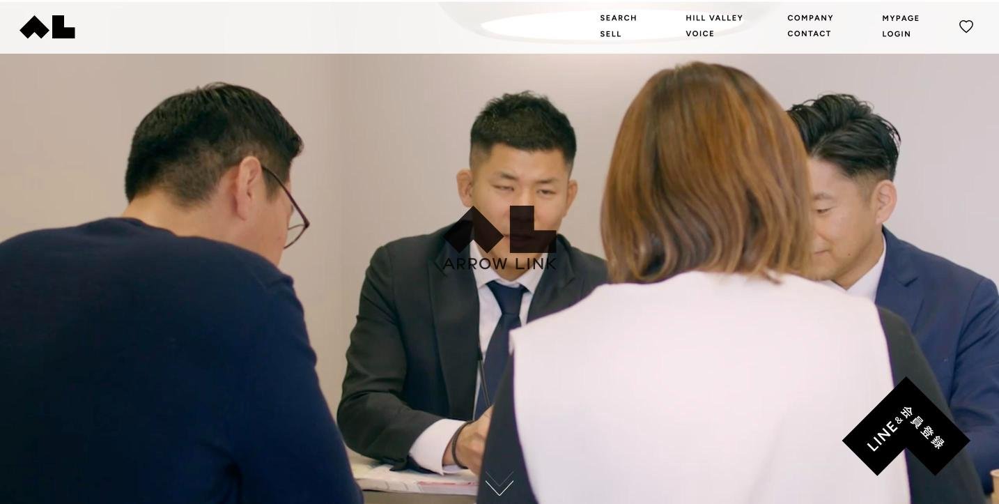 ARROW LINK homepage with team photo and the diamond LINE button