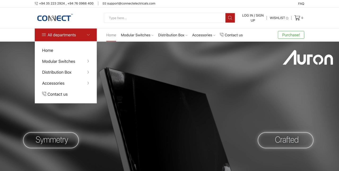 Connect Electricals online store homepage with Auron banner